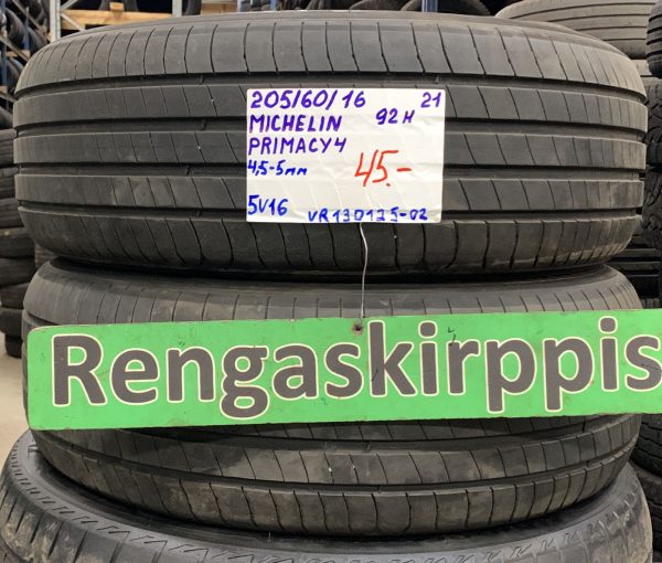 205/60R16 Michelin Primacy 4 92H kesä 4,5-5mm / 5V16